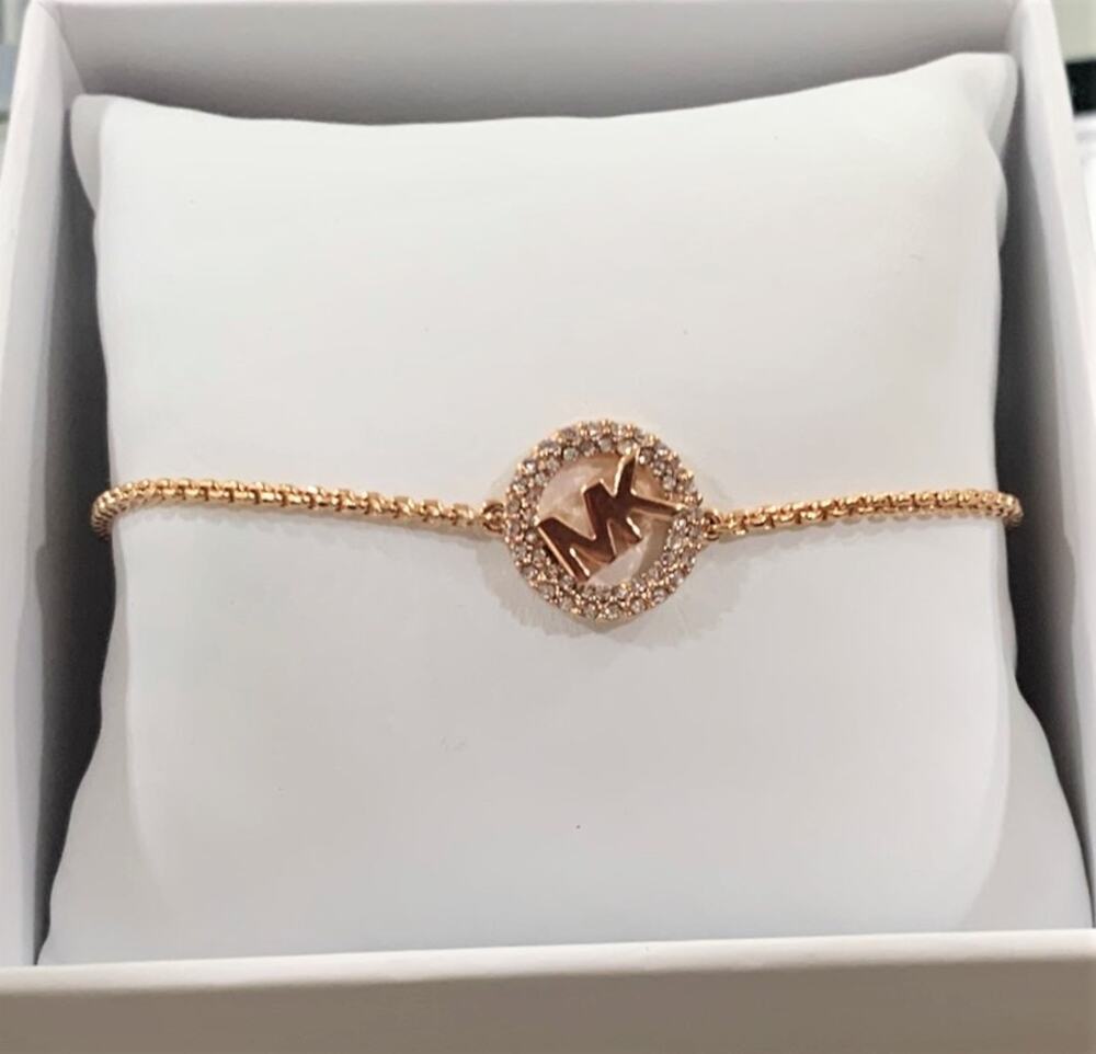 MICHAEL KORS Rose Gold Pave MK Logo Charm Slider Bracelet MKJX7321791 New\